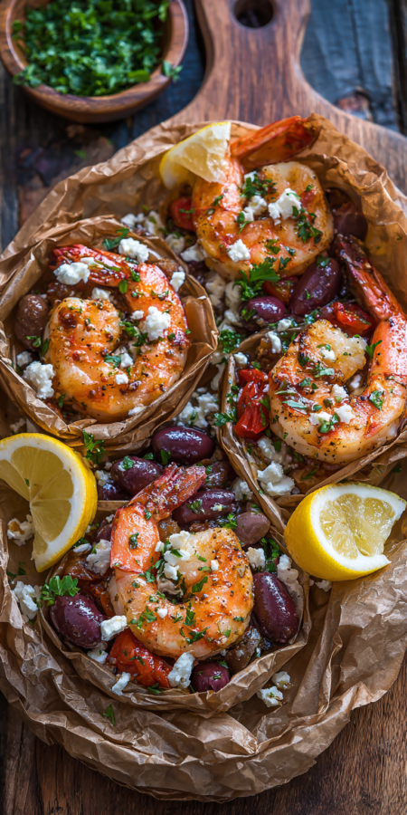 Mediterranean Shrimp Packets with Olives & Feta served warm with cozy spices