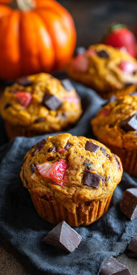 Pumpkin Banana Muffins with Strawberry & Dark Chocolate Chunks served warm with cozy spices