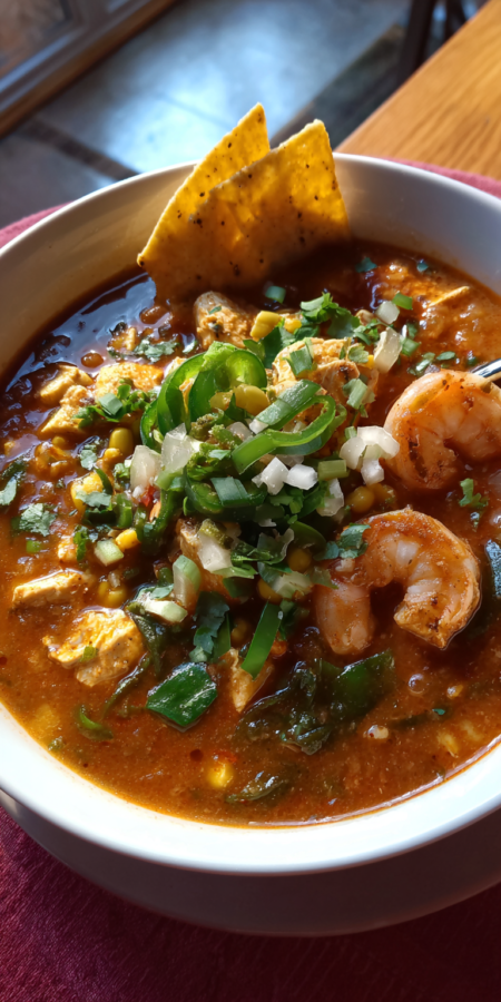 Roasted Poblano Chicken & Shrimp Taco Soup served warm with cozy spices