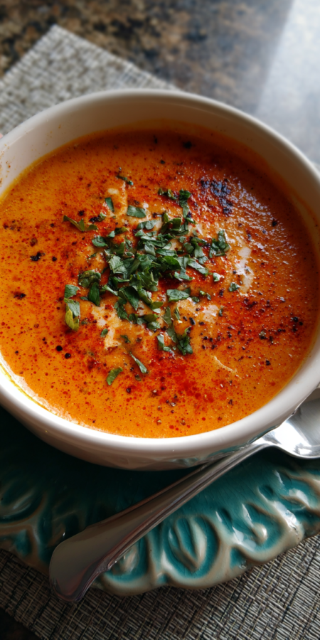 Roasted Red Pepper & Cajun Potato Soup served warm with cozy spices