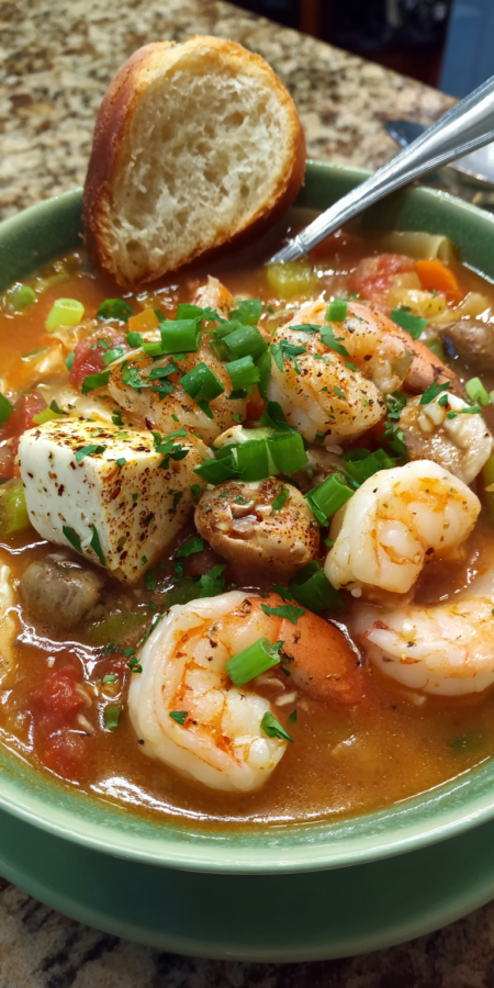 Seafood Medley Lasagna Soup (Shrimp, Scallop, Crab) served warm with cozy spices