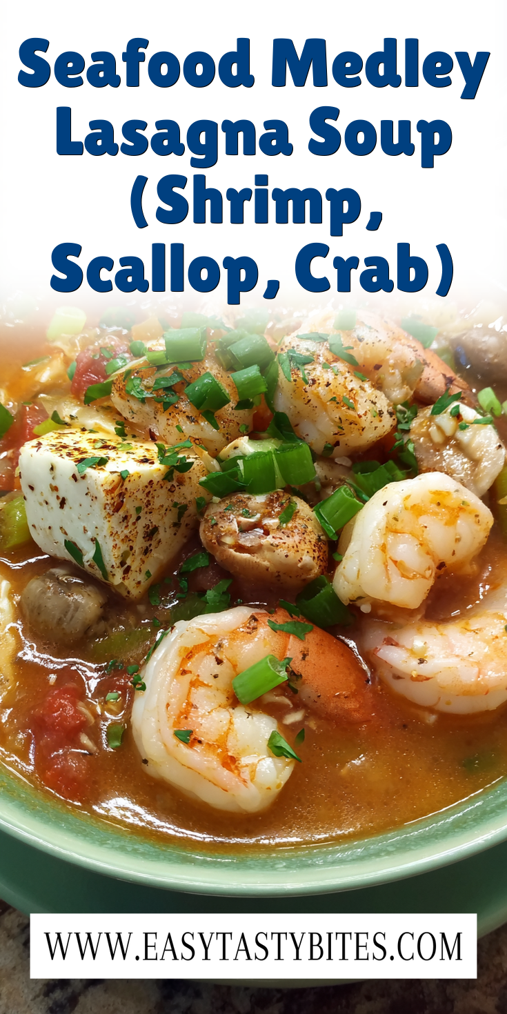 Seafood Medley Lasagna Soup (Shrimp, Scallop, Crab) served warm with cozy spices
