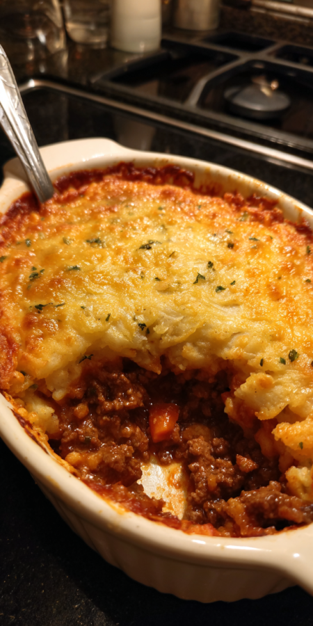 Shepherd’s Pie Style Chipotle Beef Casserole served warm with cozy spices