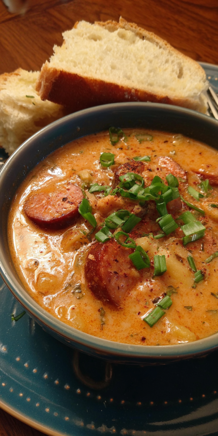 Smoky Andouille Sausage & Cajun Potato Soup served warm with cozy spices