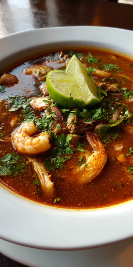 Smoky Chipotle Chicken & Shrimp Tortilla Soup served warm with cozy spices