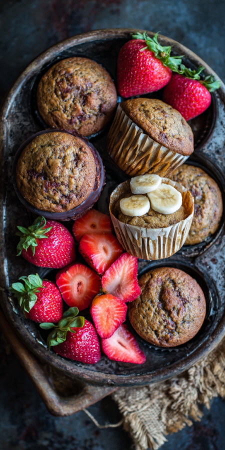 Spiced Chai Pumpkin Banana Muffins with Strawberries served warm with cozy spices