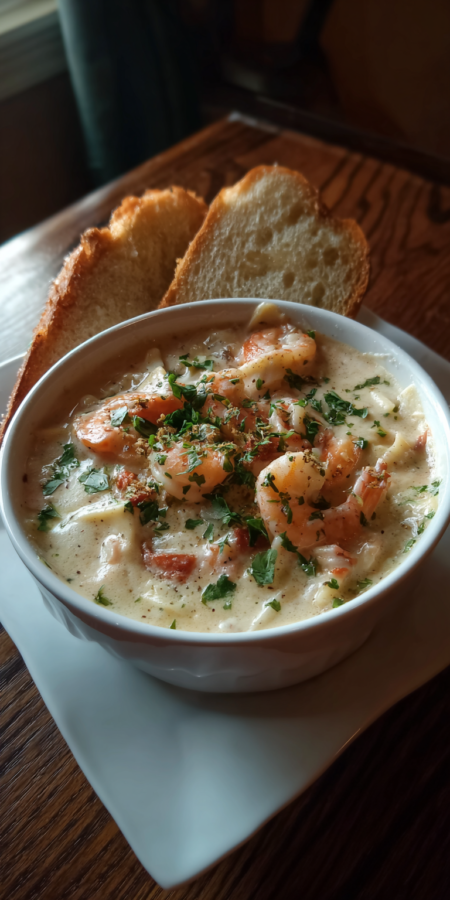 White Garlic Sauce Shrimp Lasagna Soup (Alfredo Style) served warm with cozy spices