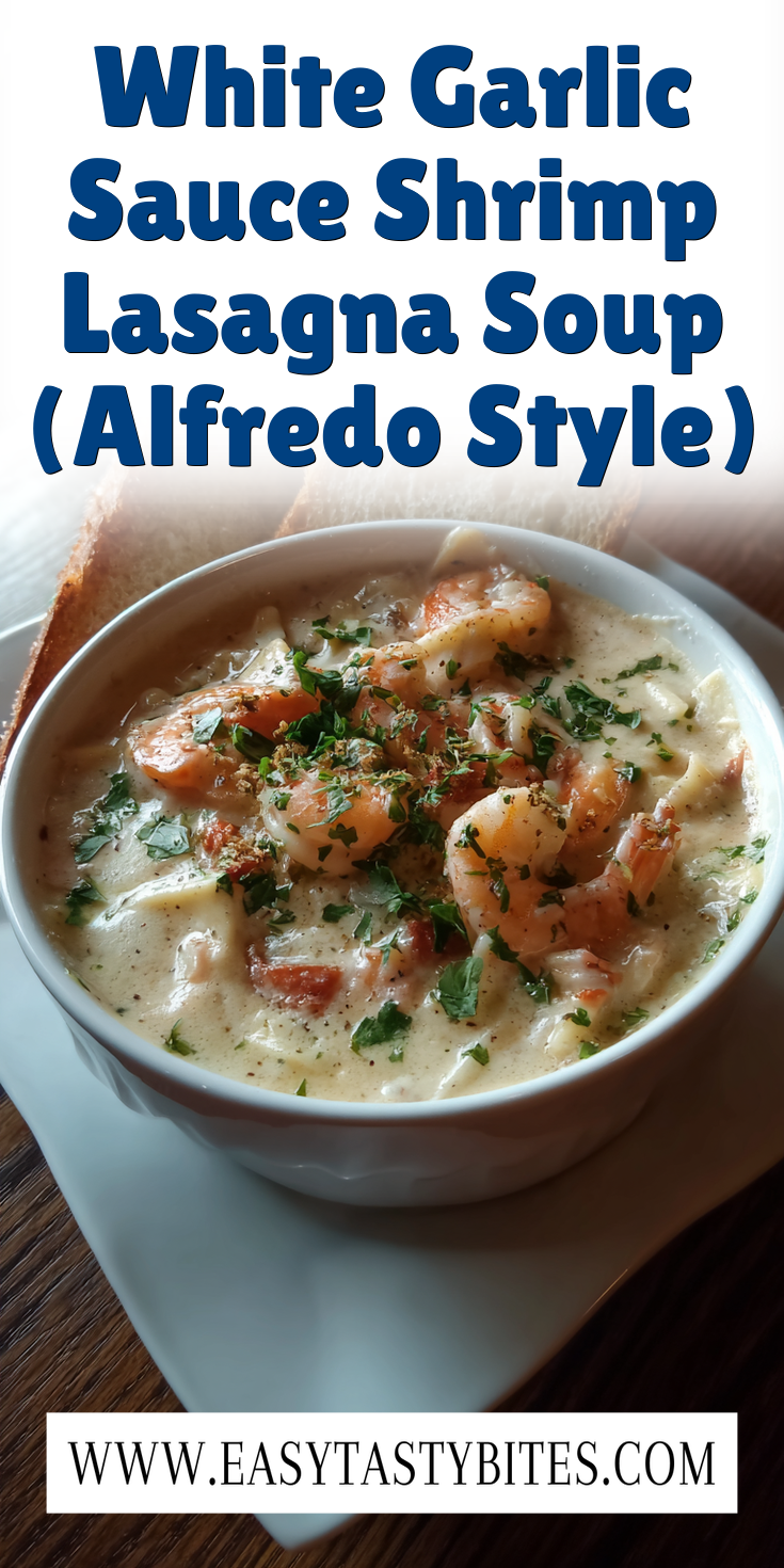 White Garlic Sauce Shrimp Lasagna Soup (Alfredo Style) served warm with cozy spices