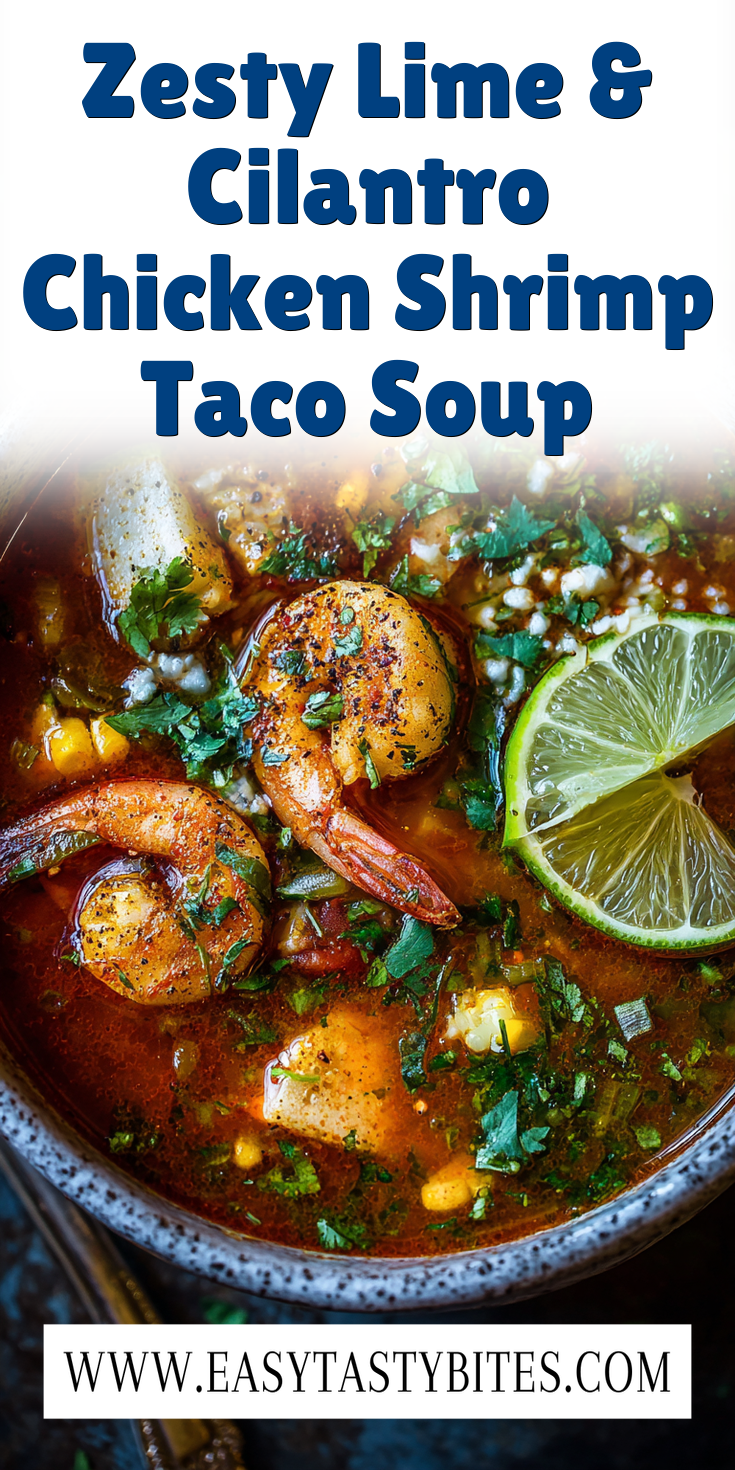 Zesty Lime & Cilantro Chicken Shrimp Taco Soup served warm with cozy spices