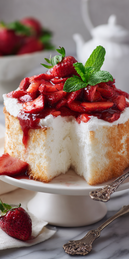 Angel Food Cake Strawberry Shortcake served warm with cozy spices