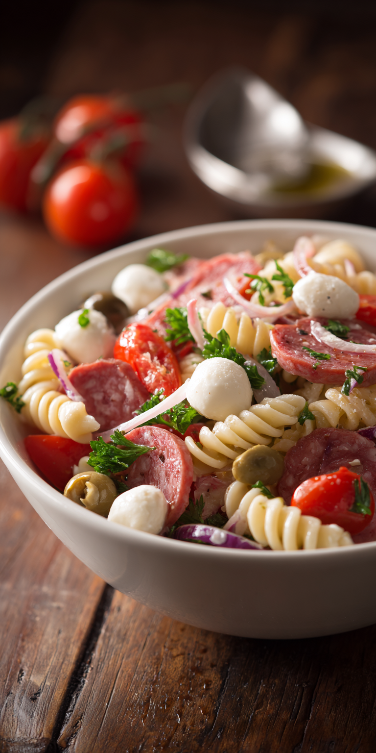 Antipasto Pepperoni Cold Pasta Salad served warm with cozy spices