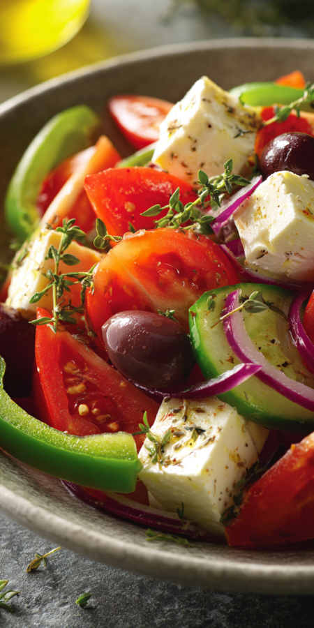 Authentic Greek Village Horiatiki Salad served warm with cozy spices