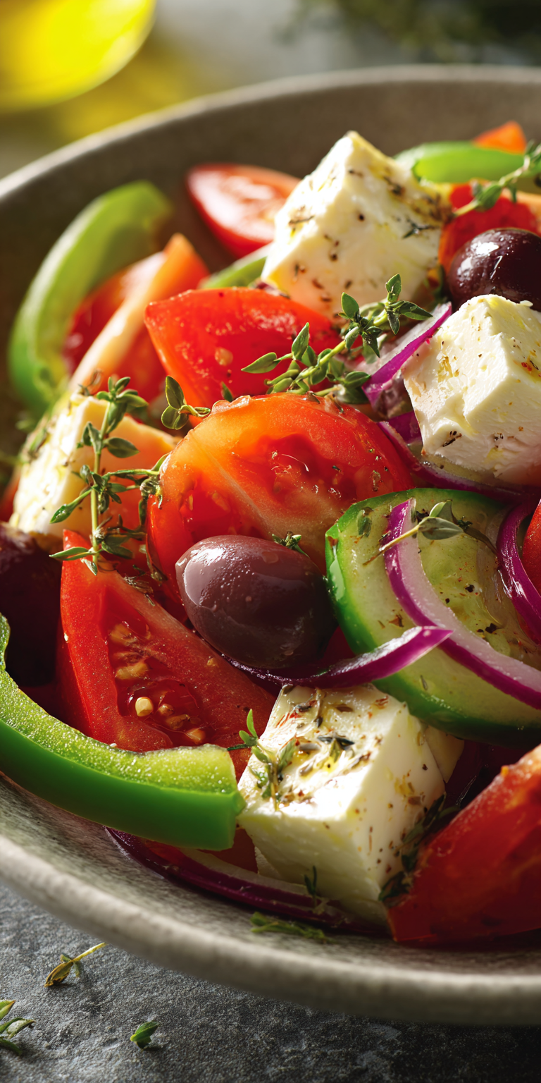 Authentic Greek Village Horiatiki Salad served warm with cozy spices