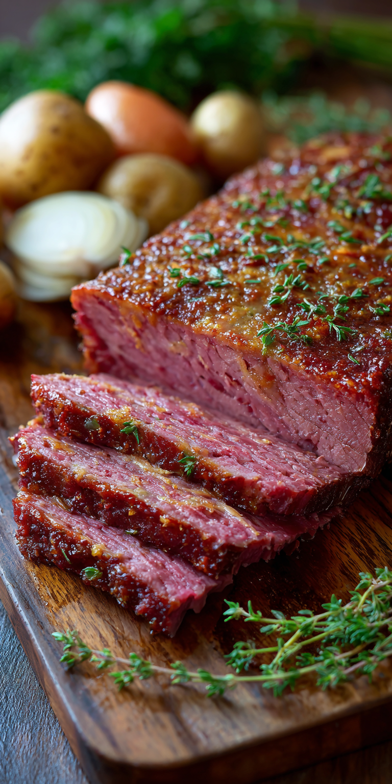 Baked Corned Beef Brisket served warm with cozy spices