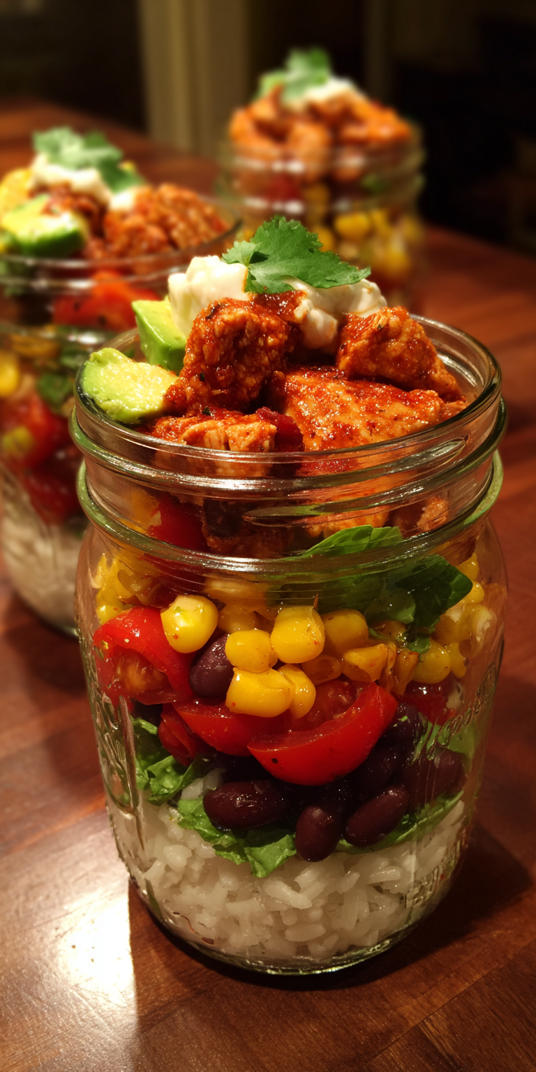 Burrito Bowl Mason Jar Healthy Lunch served warm with cozy spices