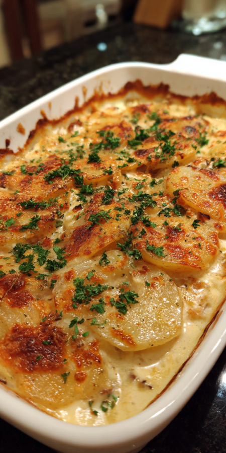 Cheesy Scalloped Potatoes with Ham served warm with cozy spices