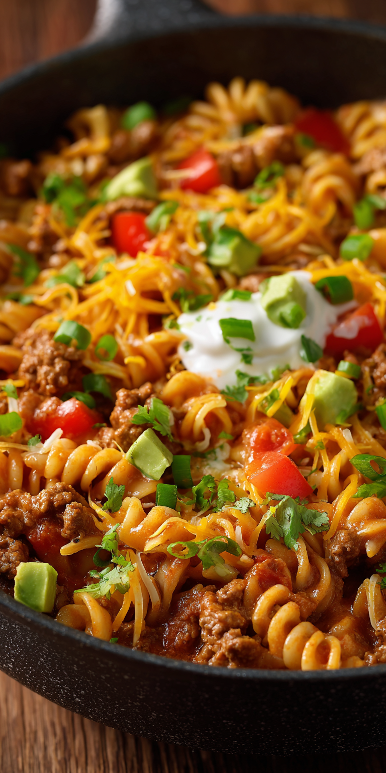 Cheesy Taco Pasta Simple Recipe served warm with cozy spices