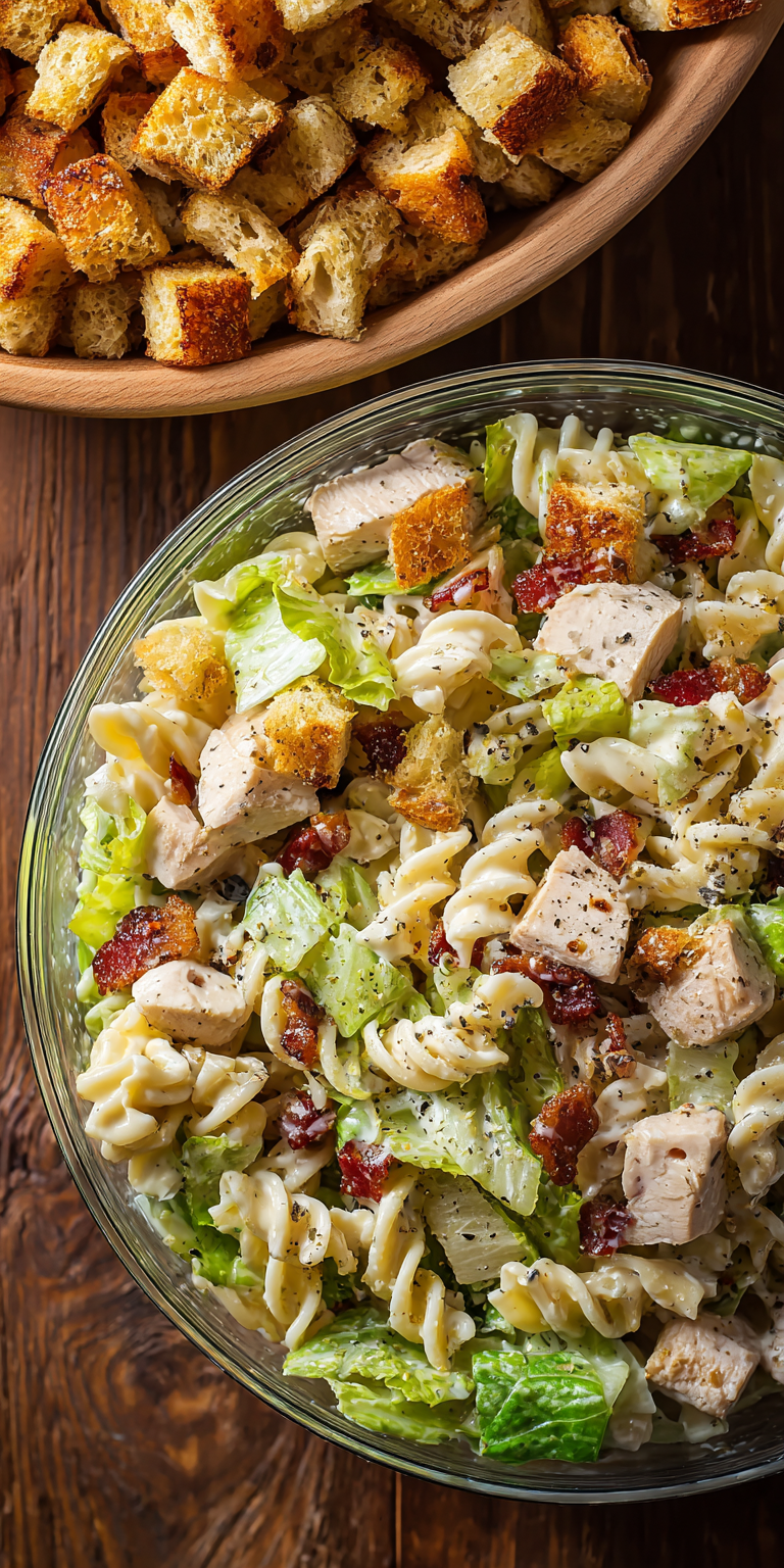 Chicken Caesar Pasta Salad Healthy Lunch served warm with gentle spices and a cozy aroma