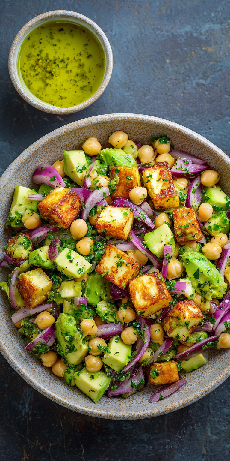 Chickpea Feta Avocado Salad served warm with cozy spices