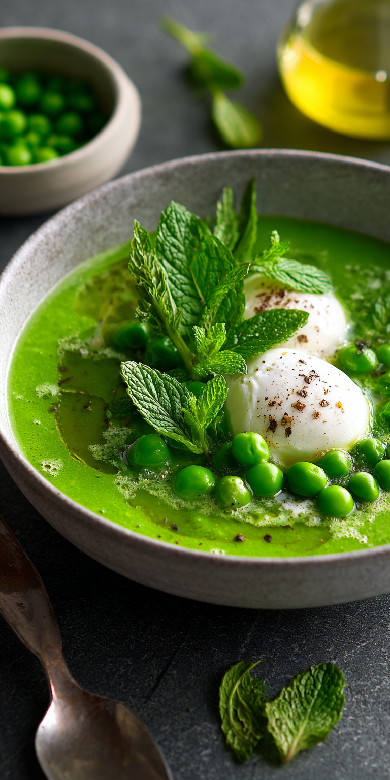 Chilled Spring Pea & Mint with Burrata served warm with cozy spices