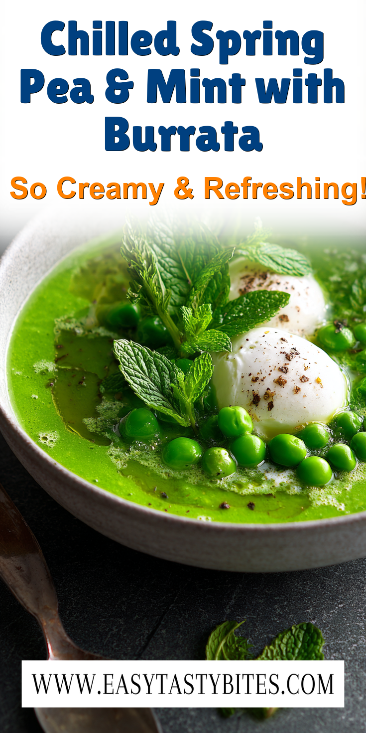Chilled Spring Pea & Mint with Burrata served warm with cozy spices