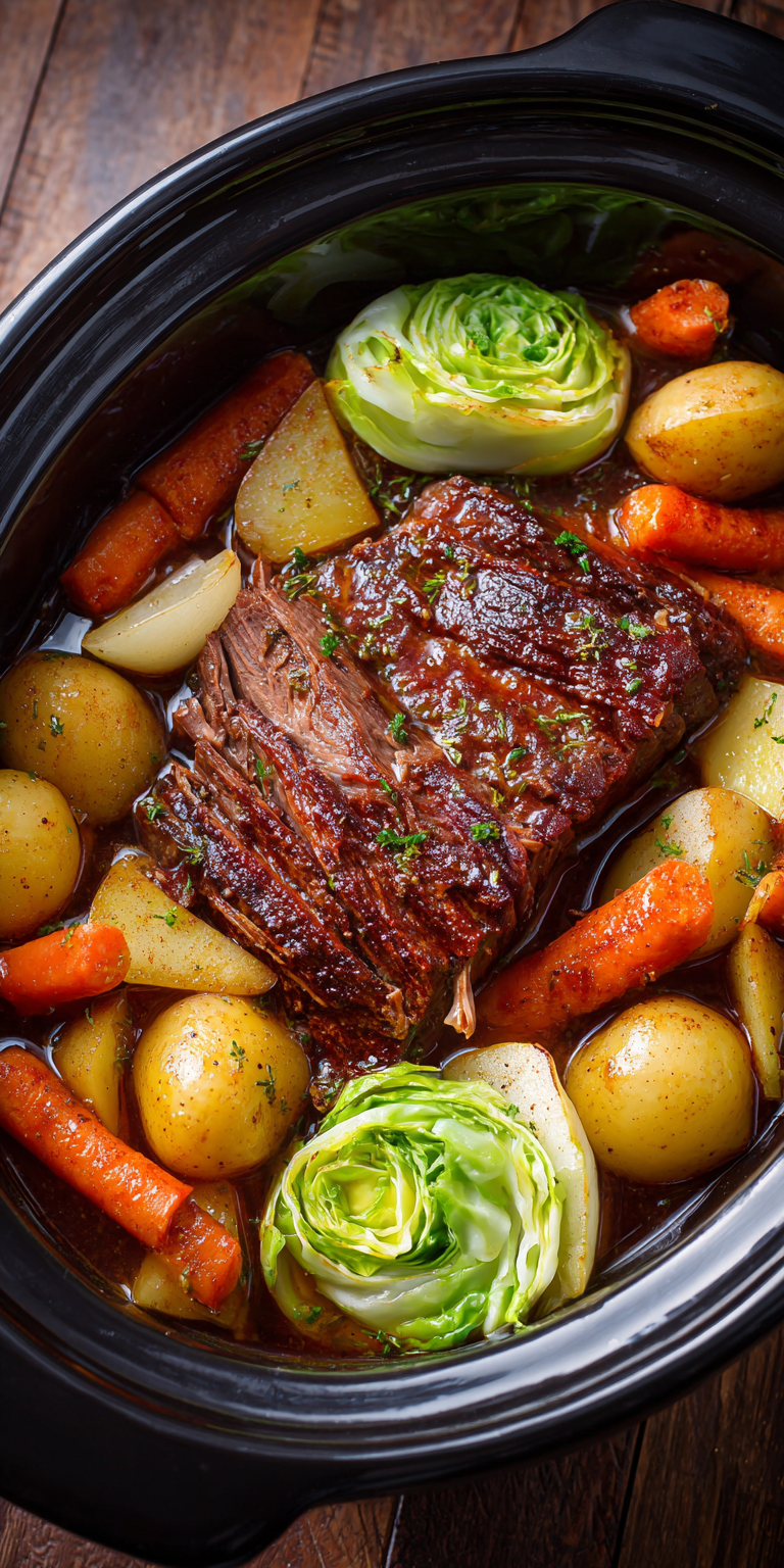Classic Slow Cooker Corned Beef and Cabbage served warm with cozy spices