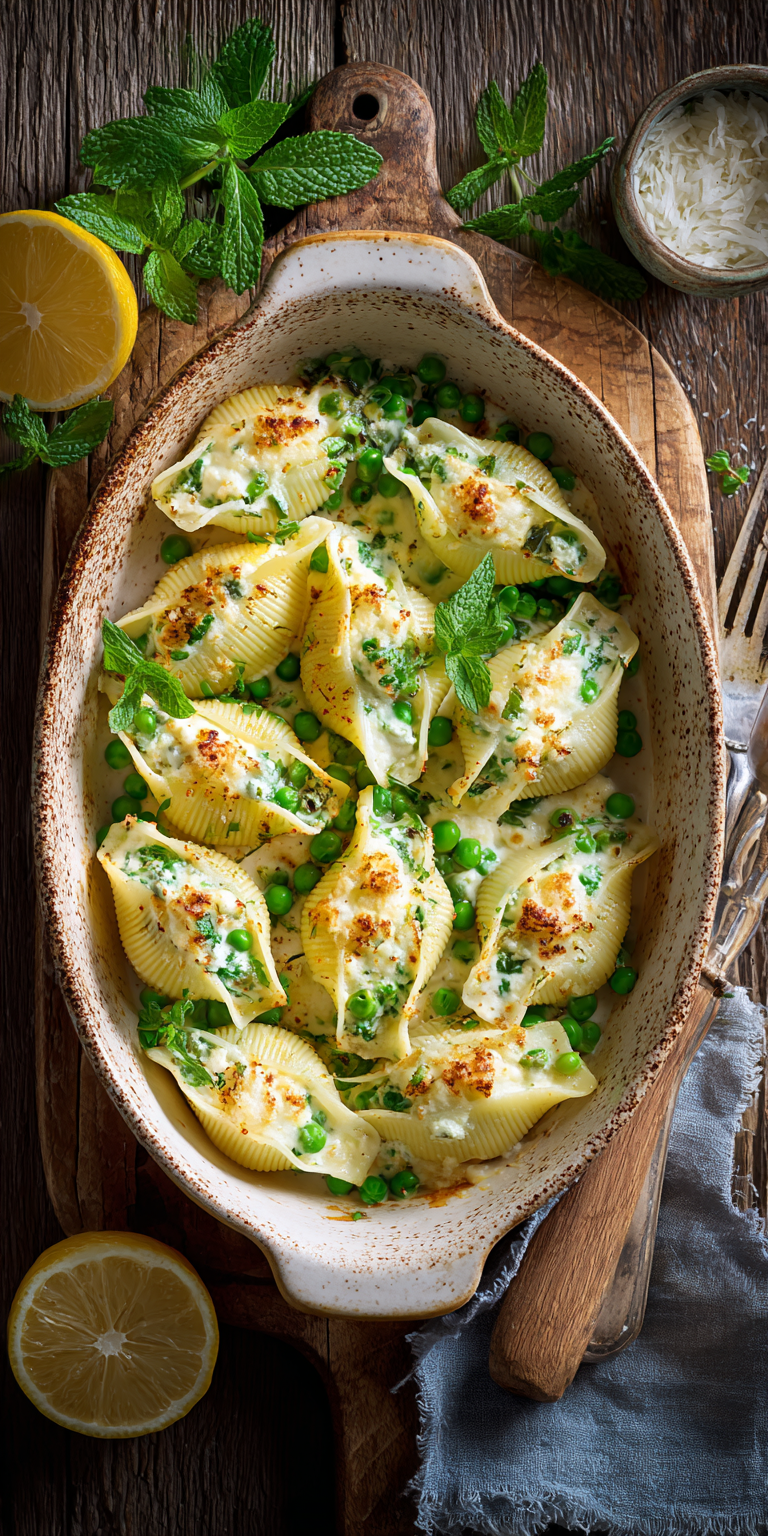 Conchiglioni with ricotta and petits pois served warm with cozy spices