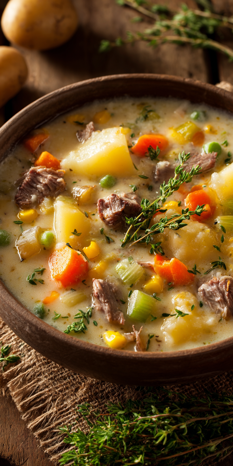 Corned Beef Potato Soup Chowder served warm with cozy spices