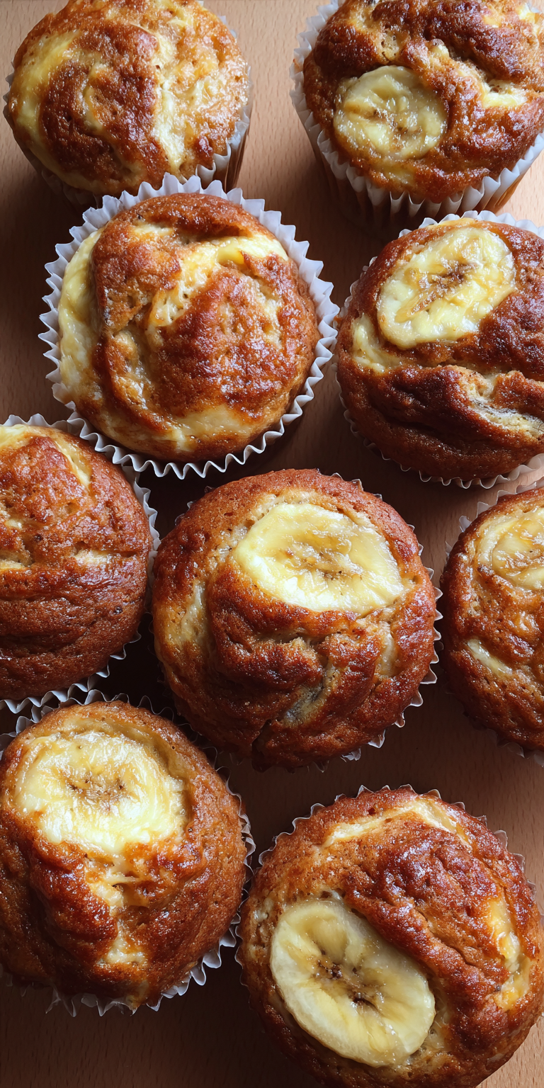 Cream Cheese Swirled Banana Muffins served warm with cozy spices