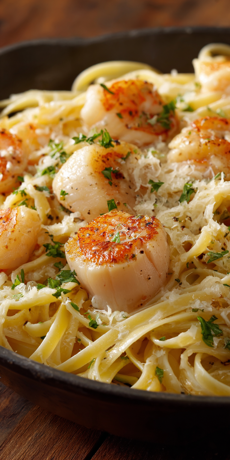 Creamy Alfredo Seafood Pasta served warm with cozy spices