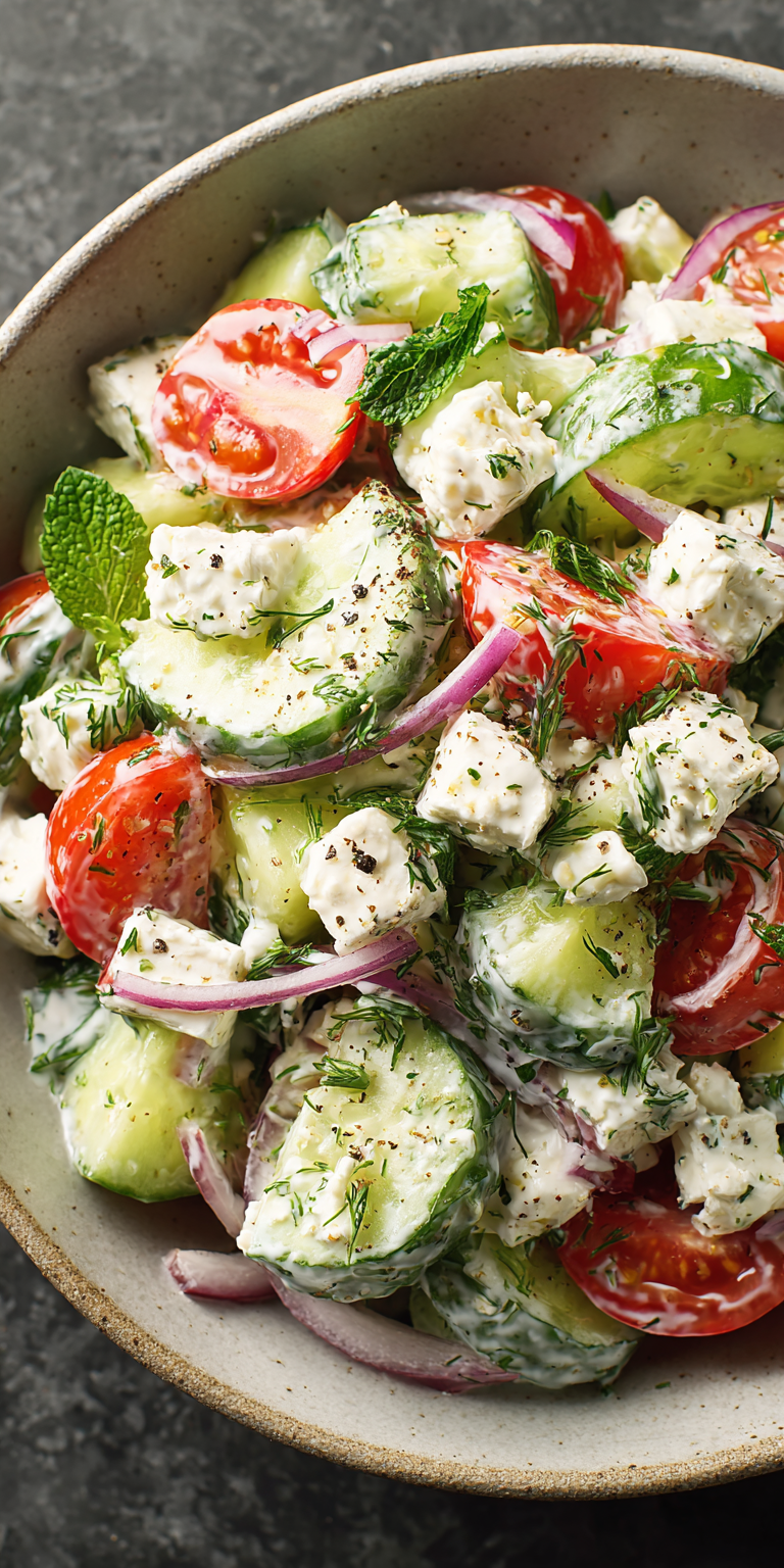 Creamy Cucumber Tomato and Feta Salad served warm with cozy spices