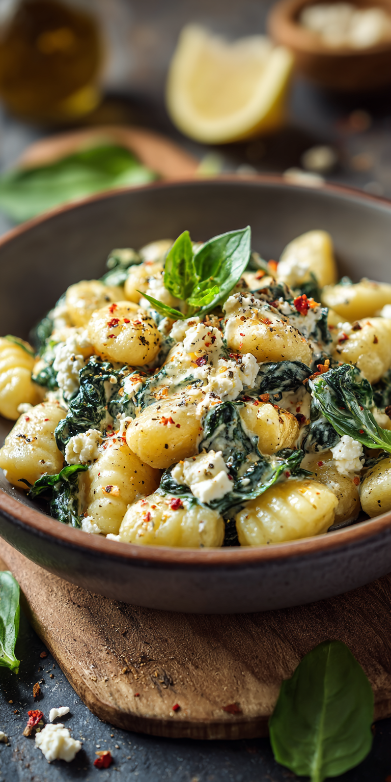 Creamy Gnocchi with Spinach and Feta served warm with cozy spices