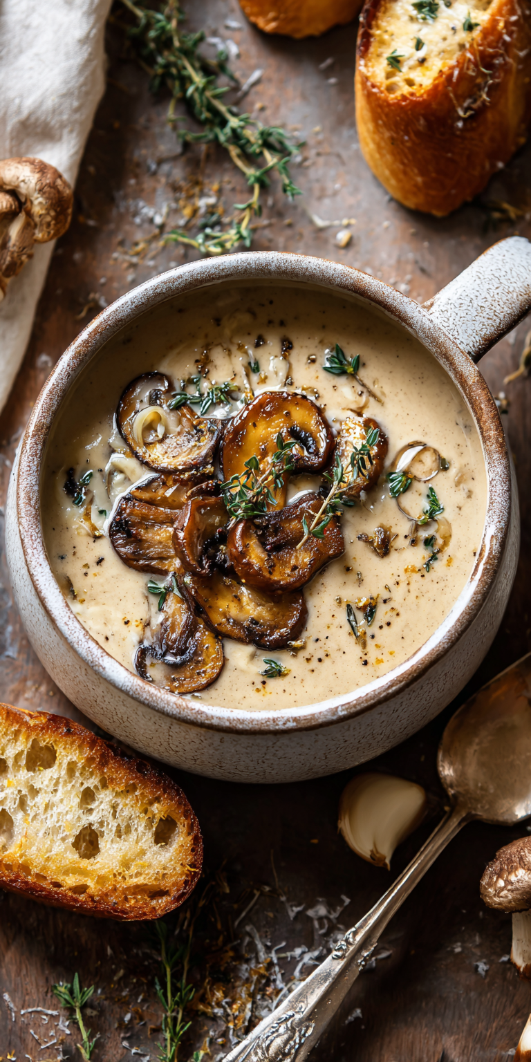 Creamy Mushroom and Thyme Bisque served warm with cozy spices