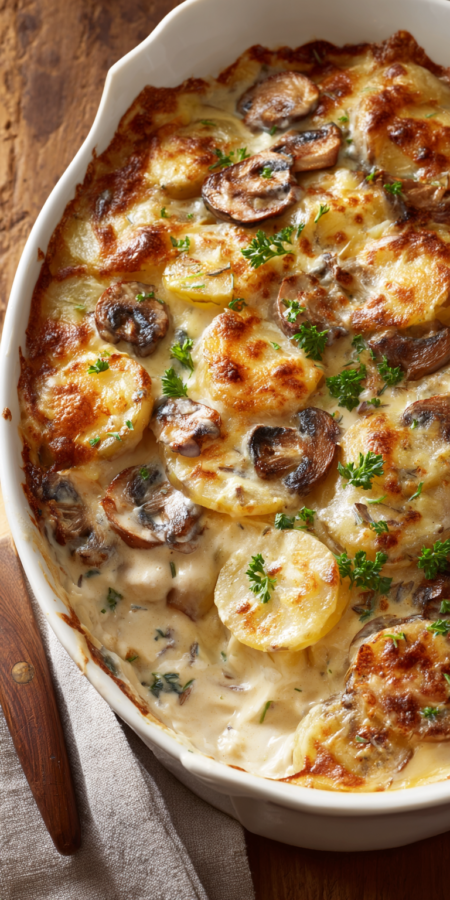 Creamy Mushroom Scalloped Potatoes served warm with cozy spices