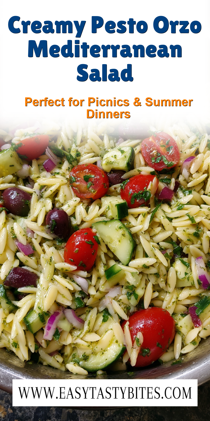 Creamy Pesto Orzo Mediterranean Salad served warm with gentle spices and a cozy aroma