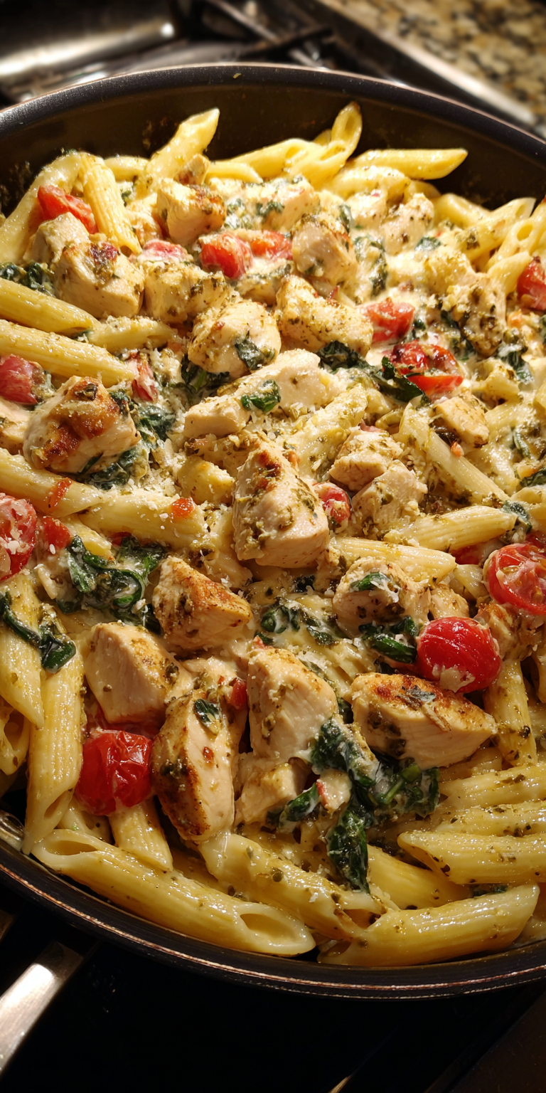 Creamy Pesto Pasta with Chicken served warm with cozy spices