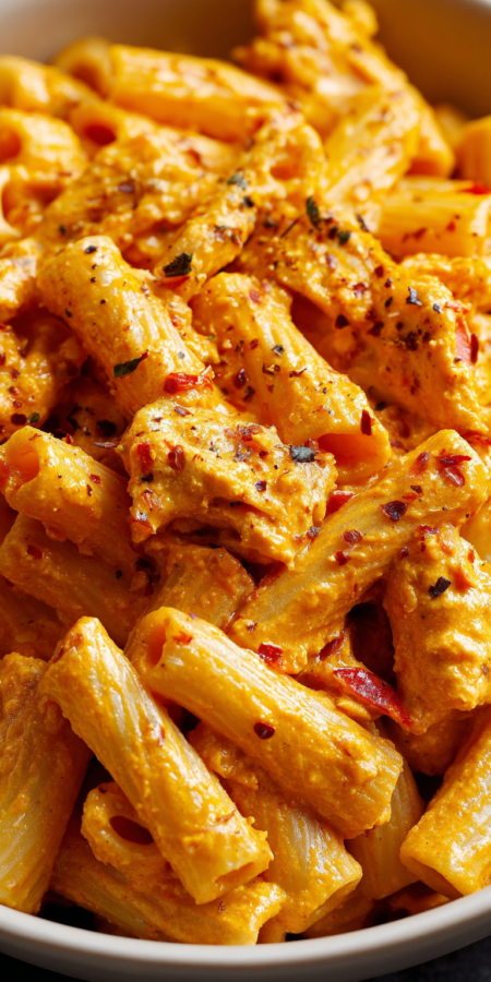 Creamy Roasted Red Pepper Pasta served warm with cozy spices