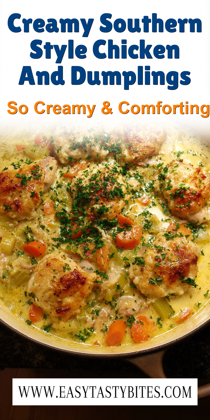 Creamy Southern Style Chicken And Dumplings served warm with gentle spices and a cozy aroma