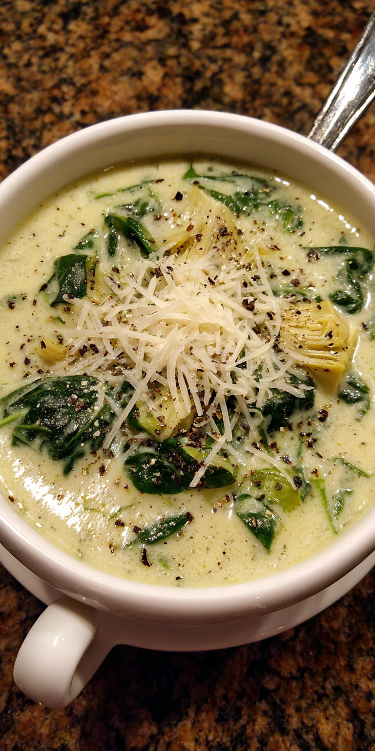 Creamy Spinach and Artichoke Soup served warm with cozy spices