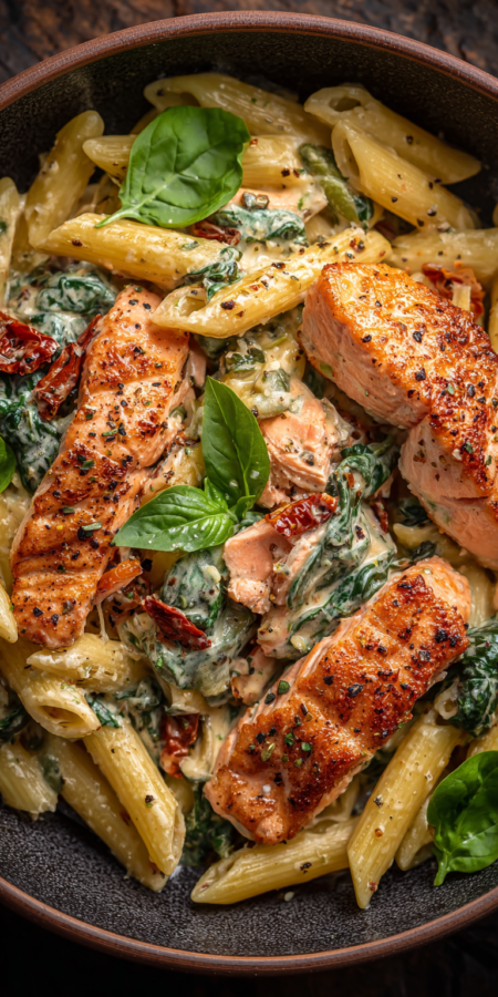 Creamy Tuscan Salmon Pasta served warm with cozy spices