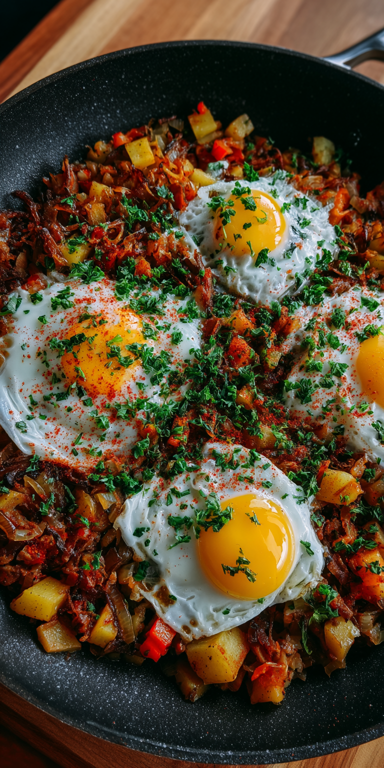 Crispy Corned Beef Hash with Eggs served warm with cozy spices