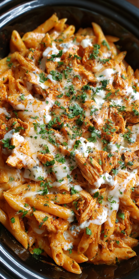 Crockpot Buffalo Chicken Dip Pasta served warm with cozy spices