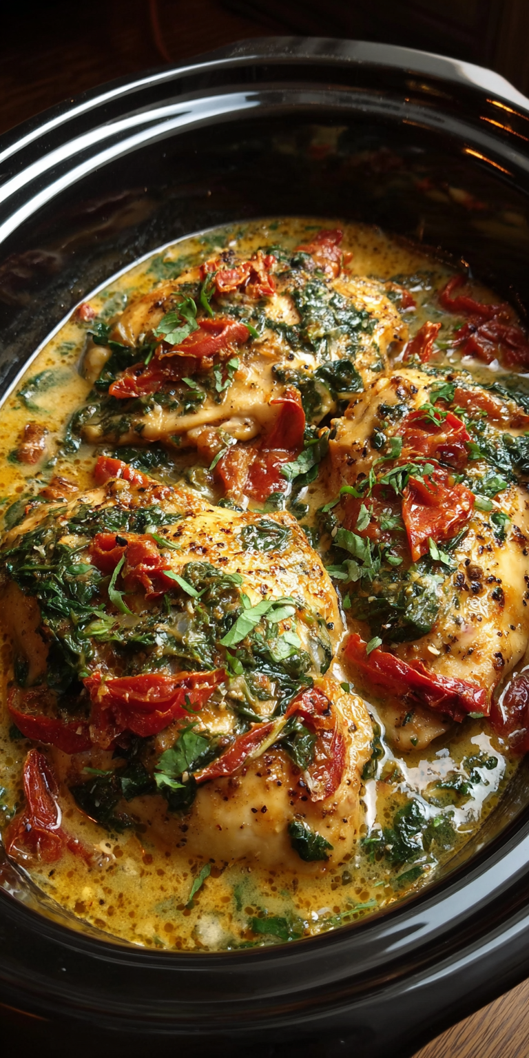 Crockpot Tuscan Chicken with Spinach served warm with cozy spices