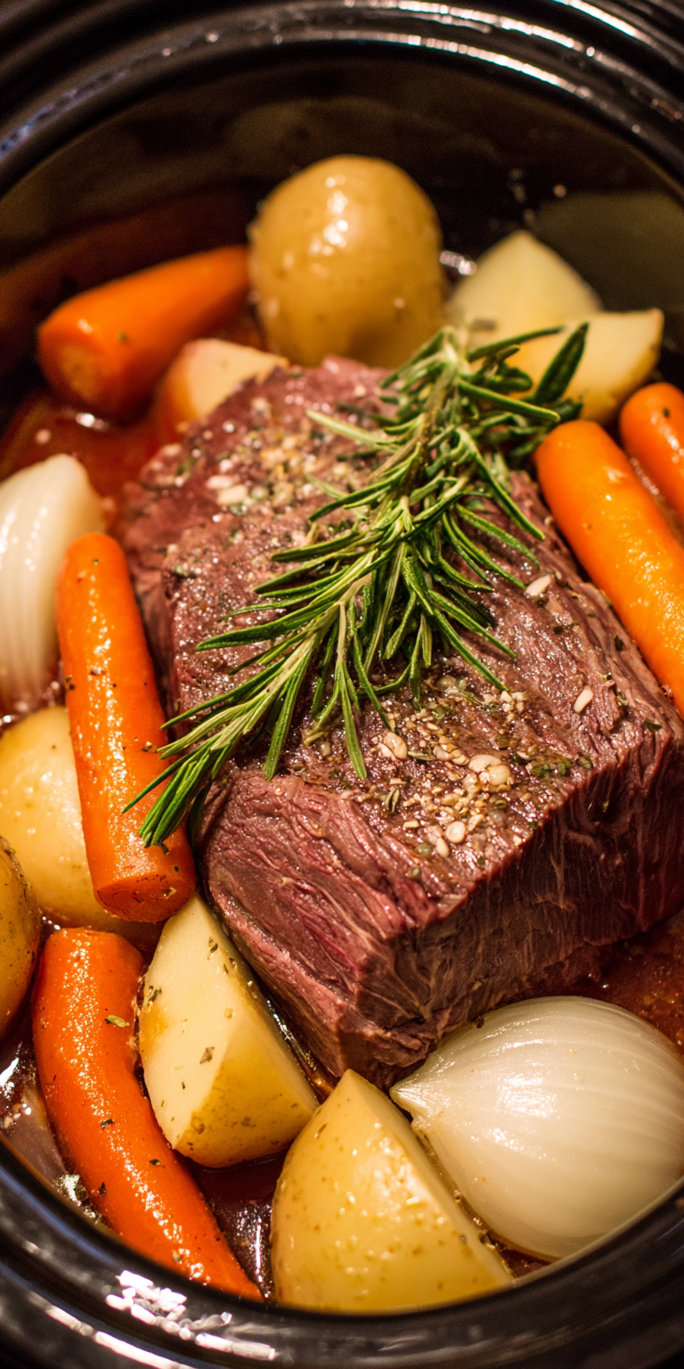 Crockpot Venison Pot Roast Dinner served warm with cozy spices