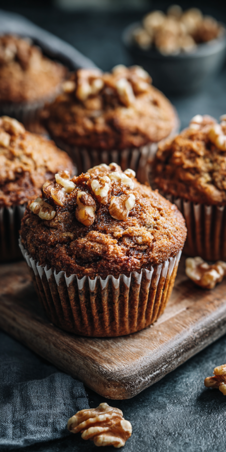 Crunchy Walnut Banana Nut Muffins served warm with cozy spices