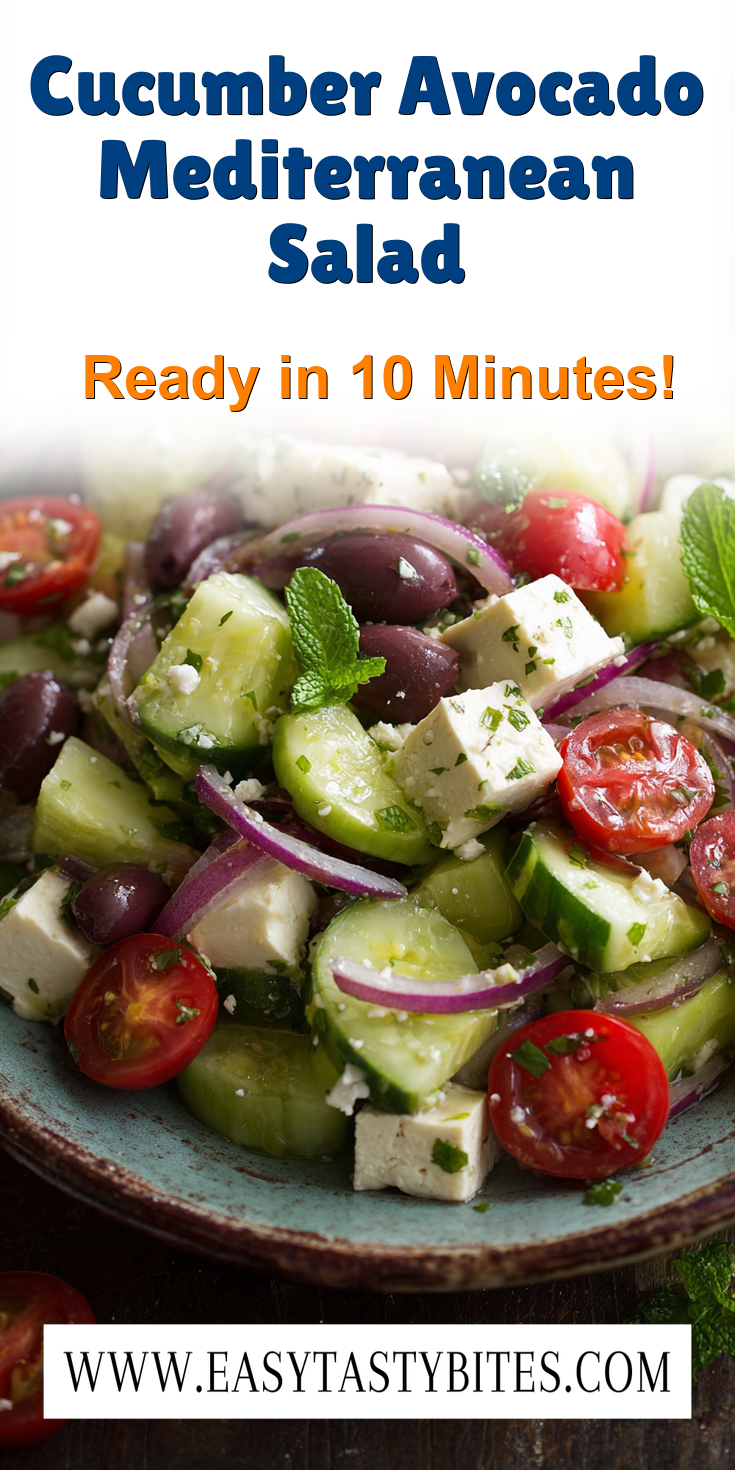 Cucumber Avocado Mediterranean Salad served warm with cozy spices