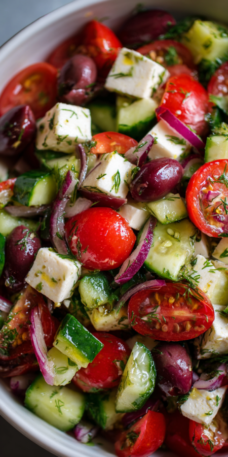 Cucumber Tomato Feta Easy Salads served warm with cozy spices