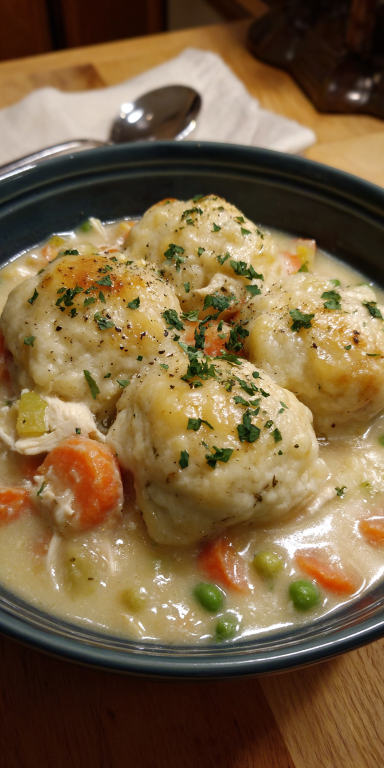Easy Biscuit Chicken And Dumplings served warm with cozy spices