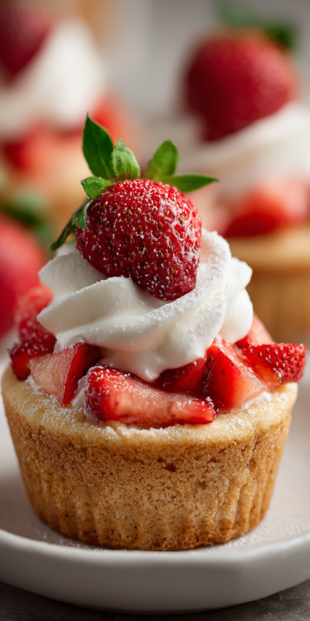 Easy Strawberry Cake Shortcake Cups served warm with cozy spices
