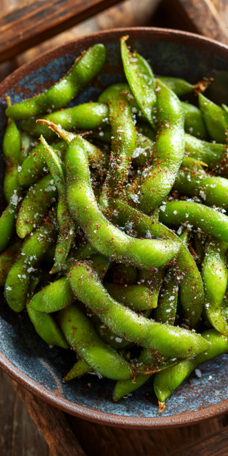 Edamame Sea Salt High Protein Snacks served warm with cozy spices